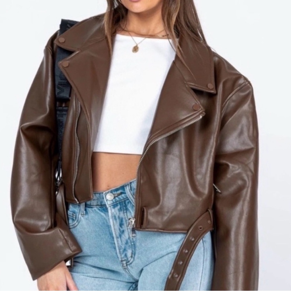 Lioness Oversized Brown Faux Leather Moto Jacket
